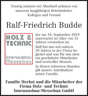 Traueranzeige von Ralf-Friedrich Budde von Neue Deister-Zeitung