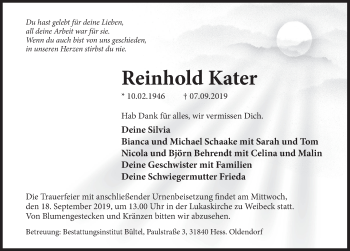Traueranzeige von Reinhold Kater von Deister- und Weserzeitung