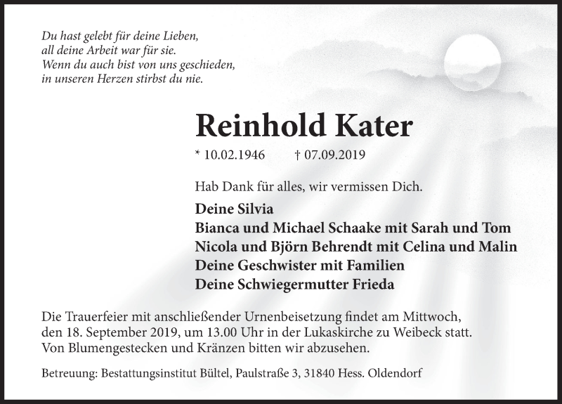  Traueranzeige für Reinhold Kater vom 14.09.2019 aus Deister- und Weserzeitung