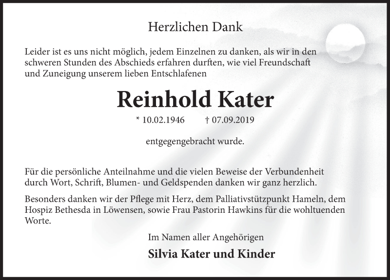  Traueranzeige für Reinhold Kater vom 28.09.2019 aus Deister- und Weserzeitung
