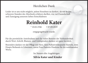 Traueranzeige von Reinhold Kater von Deister- und Weserzeitung