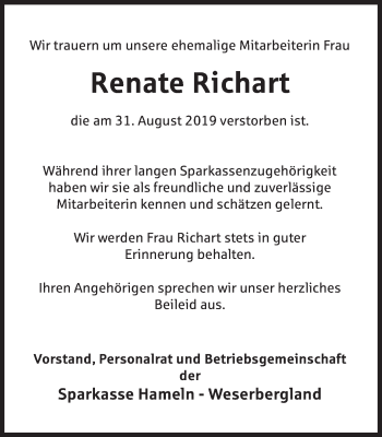 Traueranzeige von Renate Richart von Deister- und Weserzeitung