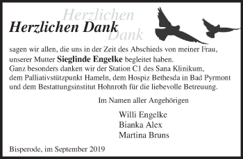 Traueranzeige von Sieglinde Engelke von Deister- und Weserzeitung