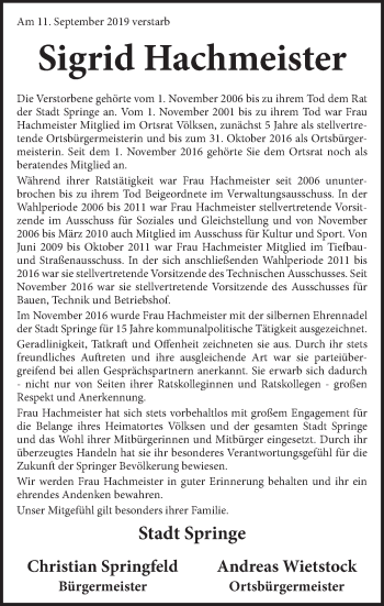 Traueranzeige von Sigrid Hachmeister von Neue Deister-Zeitung