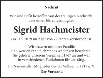 Traueranzeige von Sigrid Hachmeister von Neue Deister-Zeitung