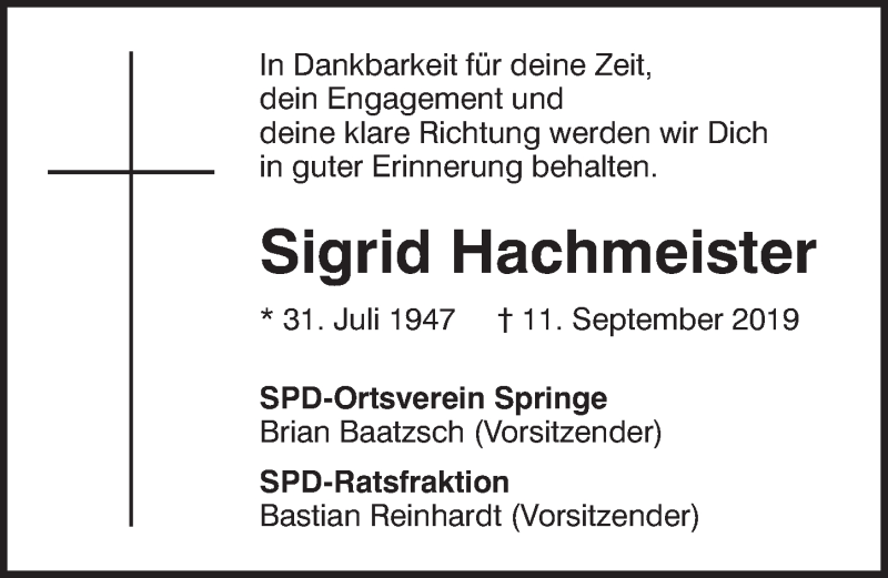  Traueranzeige für Sigrid Hachmeister vom 14.09.2019 aus Neue Deister-Zeitung