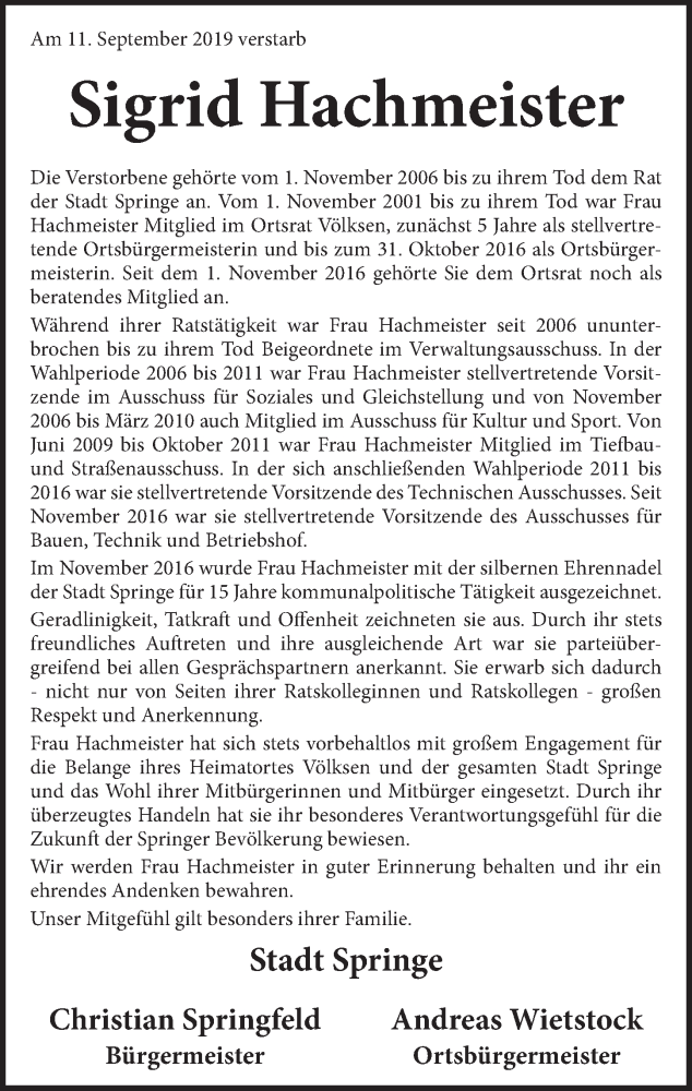  Traueranzeige für Sigrid Hachmeister vom 14.09.2019 aus Neue Deister-Zeitung
