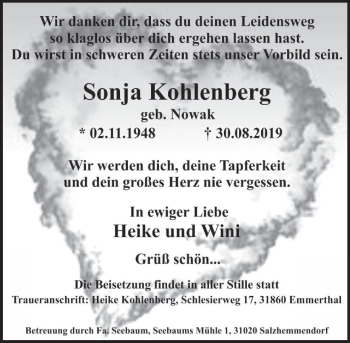 Traueranzeige von Sonja Kohlenberg von Deister- und Weserzeitung