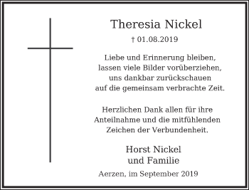 Traueranzeige von Theresia Nickel von Deister- und Weserzeitung