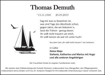 Traueranzeige von Thomas Demuth von Deister- und Weserzeitung
