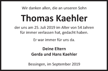 Traueranzeige von Thomas Kaehler von Deister- und Weserzeitung