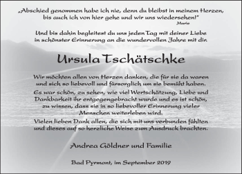 Traueranzeige von Ursula Tschätschke von Deister- und Weserzeitung