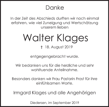 Traueranzeige von Walter Klages von Deister- und Weserzeitung