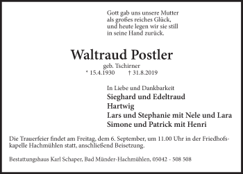 Traueranzeige von Waltraud Postler von Deister- und Weserzeitung