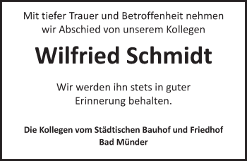 Traueranzeige von Wilfried Schmidt von Neue Deister-Zeitung