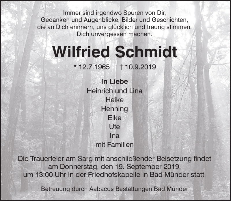  Traueranzeige für Wilfried Schmidt vom 14.09.2019 aus Neue Deister-Zeitung