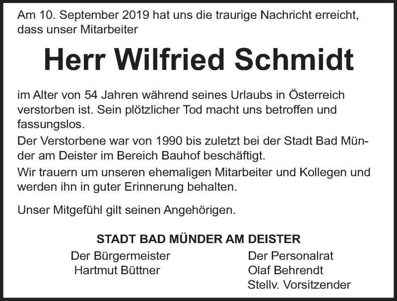  Traueranzeige für Wilfried Schmidt vom 17.09.2019 aus Neue Deister-Zeitung