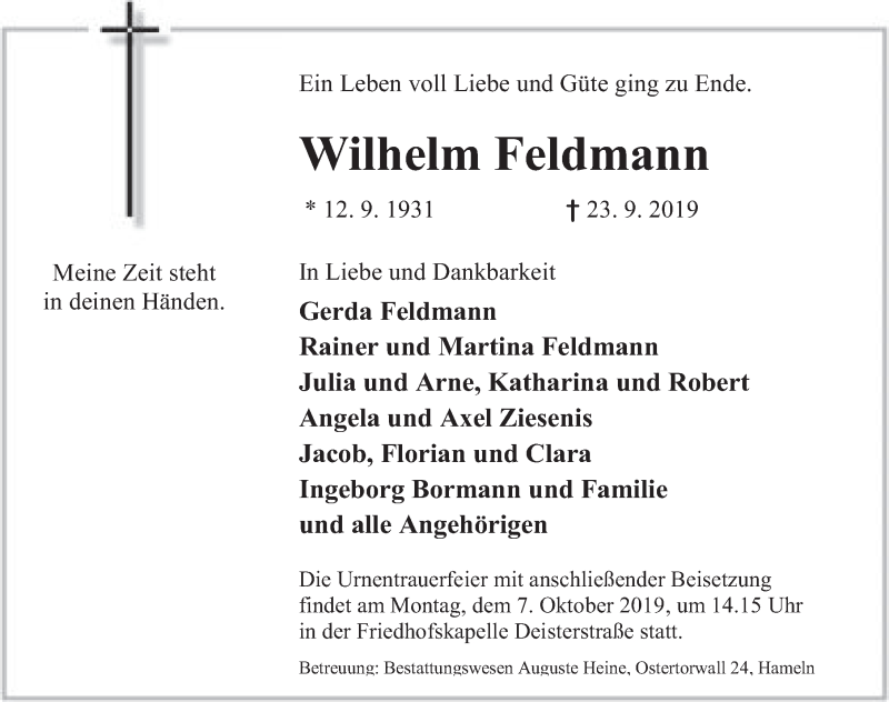  Traueranzeige für Wilhelm Feldmann vom 28.09.2019 aus Deister- und Weserzeitung