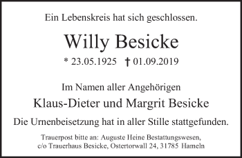 Traueranzeige von Willy Besicke von Deister- und Weserzeitung