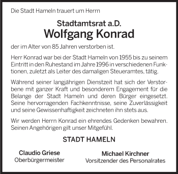 Traueranzeige von Wolfgang Konrad von Deister- und Weserzeitung