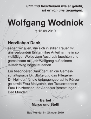 Traueranzeige von Wolfgang Wodniok von Neue Deister-Zeitung