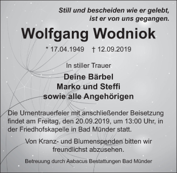 Traueranzeige von Wolfgang Wodniok von Neue Deister-Zeitung