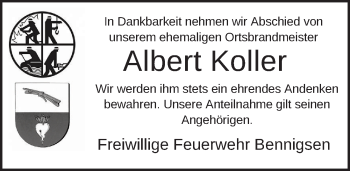 Traueranzeige von Albert Koller von Neue Deister-Zeitung
