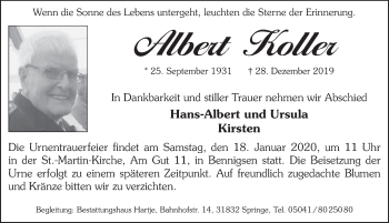 Traueranzeige von Albert Koller von Neue Deister-Zeitung