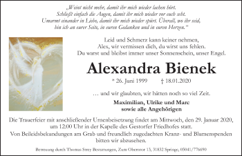 Traueranzeige von Alexandra Bienek von Neue Deister-Zeitung