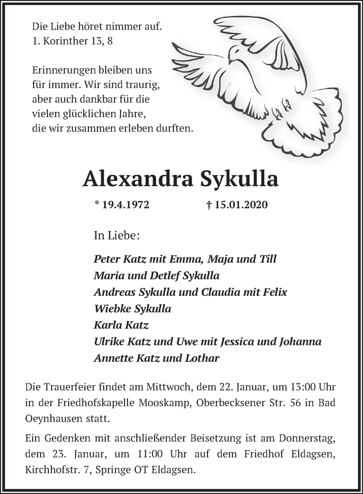  Traueranzeige für Alexandra Sykulla vom 18.01.2020 aus Neue Deister-Zeitung