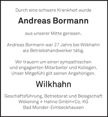 Traueranzeige von Andreas Bormann von Neue Deister-Zeitung