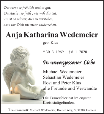 Traueranzeige von Anja Katharina Wedemeier von Deister- und Weserzeitung