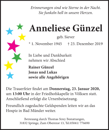 Traueranzeige von Anneliese Günzel von Neue Deister-Zeitung