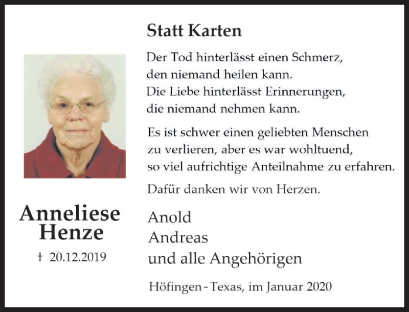  Traueranzeige für Anneliese Henze vom 25.01.2020 aus Deister- und Weserzeitung