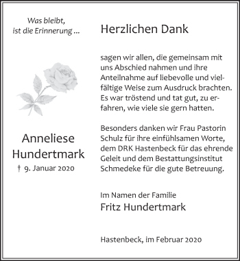 Traueranzeige von Anneliese Hundertmark von Deister- und Weserzeitung