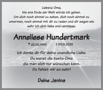 Traueranzeige von Anneliese Hundertmark von Deister- und Weserzeitung