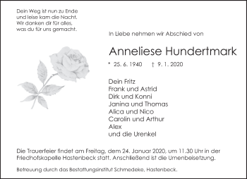 Traueranzeige von Anneliese Hundertmark von Deister- und Weserzeitung