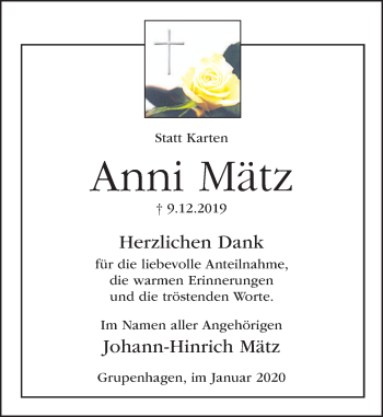 Traueranzeige von Anni Mätz von Deister- und Weserzeitung