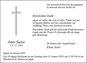 Traueranzeige von Anni Sasse von Deister- und Weserzeitung