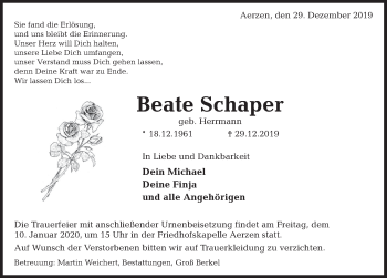 Traueranzeige von Beate Schaper von Deister- und Weserzeitung
