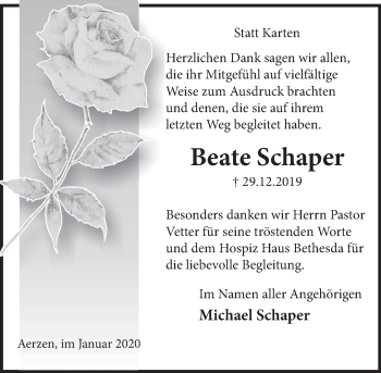 Traueranzeige von Beate Schaper von Deister- und Weserzeitung