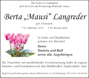 Traueranzeige von Berta Langreder von Neue Deister-Zeitung