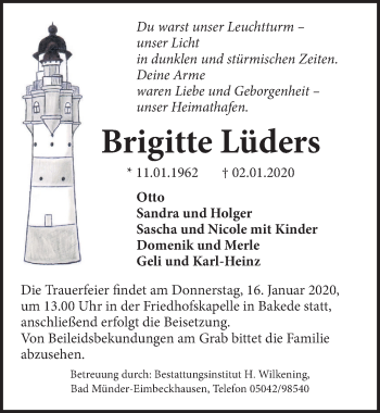 Traueranzeige von Brigitte Lüders von Neue Deister-Zeitung