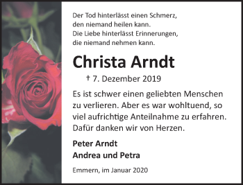 Traueranzeige von Christa Arndt von Deister- und Weserzeitung