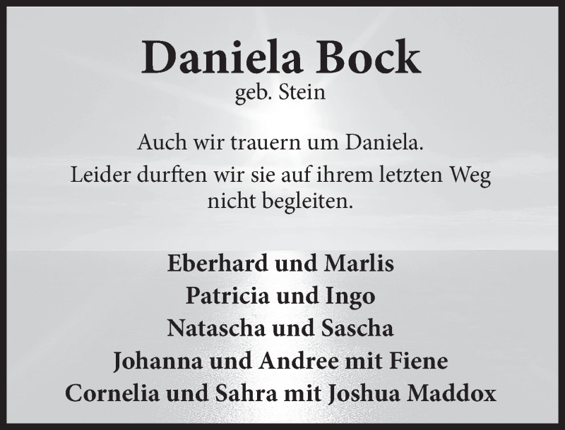  Traueranzeige für Daniela Bock vom 25.01.2020 aus Deister- und Weserzeitung