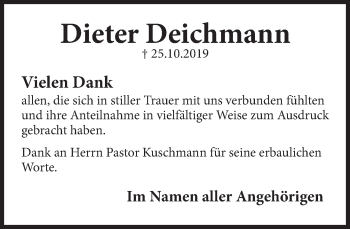 Traueranzeige von Dieter Deichmann von Deister- und Weserzeitung