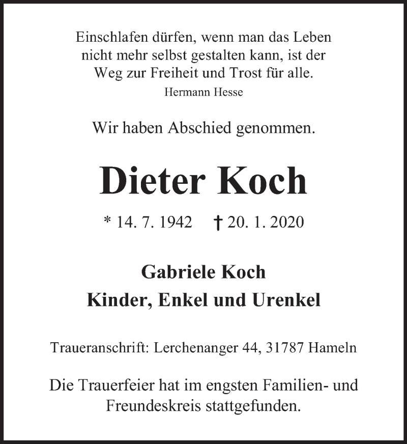  Traueranzeige für Dieter Koch vom 01.02.2020 aus Deister- und Weserzeitung