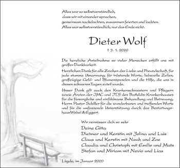 Traueranzeige von Dieter Wolf von Deister- und Weserzeitung