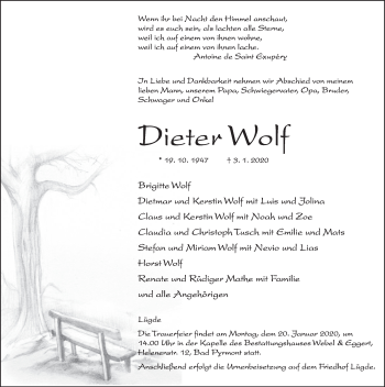 Traueranzeige von Dieter Wolf von Deister- und Weserzeitung