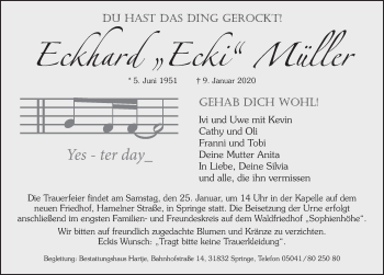 Traueranzeige von Eckard Müller von Neue Deister-Zeitung